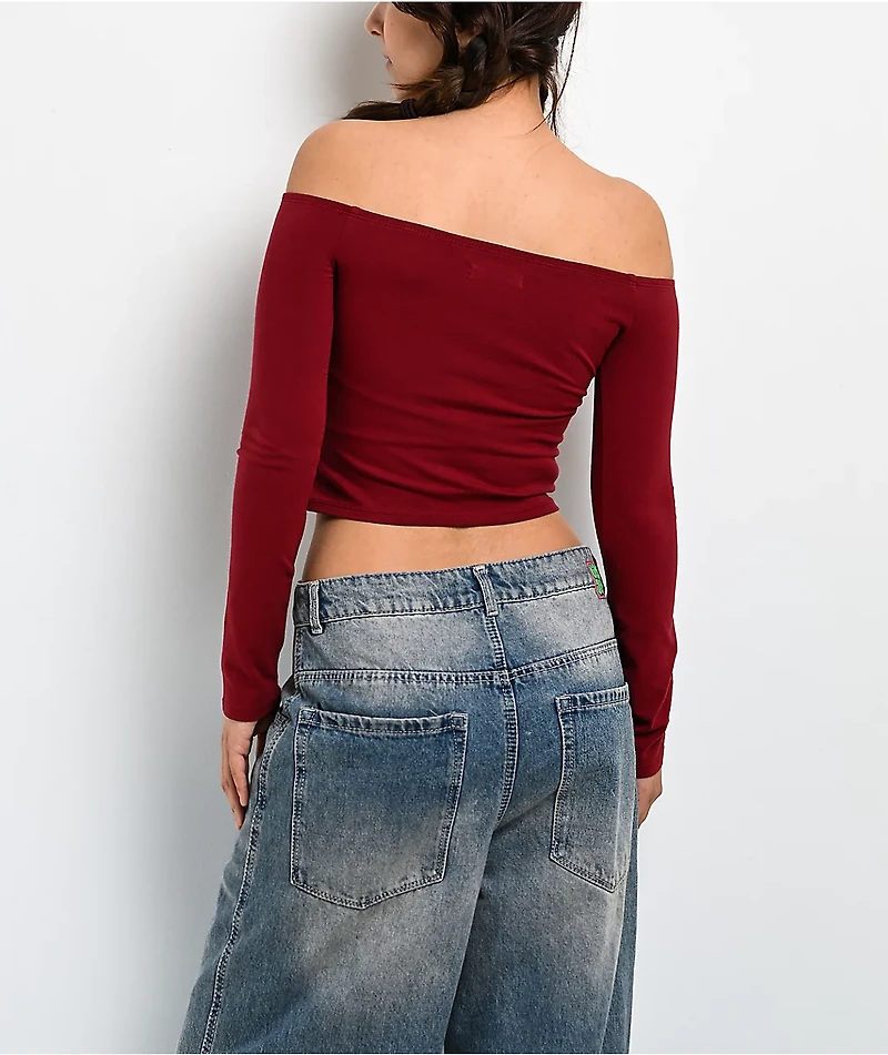 Freeworld Serenity Off Shoulder Pomegranate Red Long Sleeve Crop T-Shirt