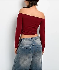 Freeworld Serenity Off Shoulder Pomegranate Red Long Sleeve Crop T-Shirt