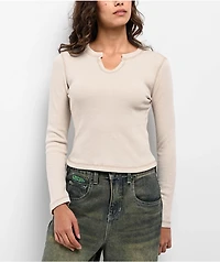 Freeworld Thora Silver Birch Notch Thermal Long Sleeve Crop T-Shirt