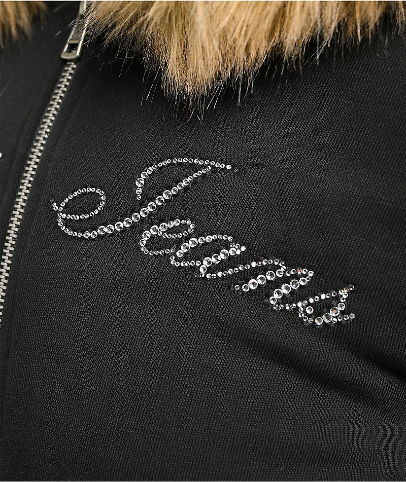 Guess Jeans Black Faux Fur Crop Zip Hoodie