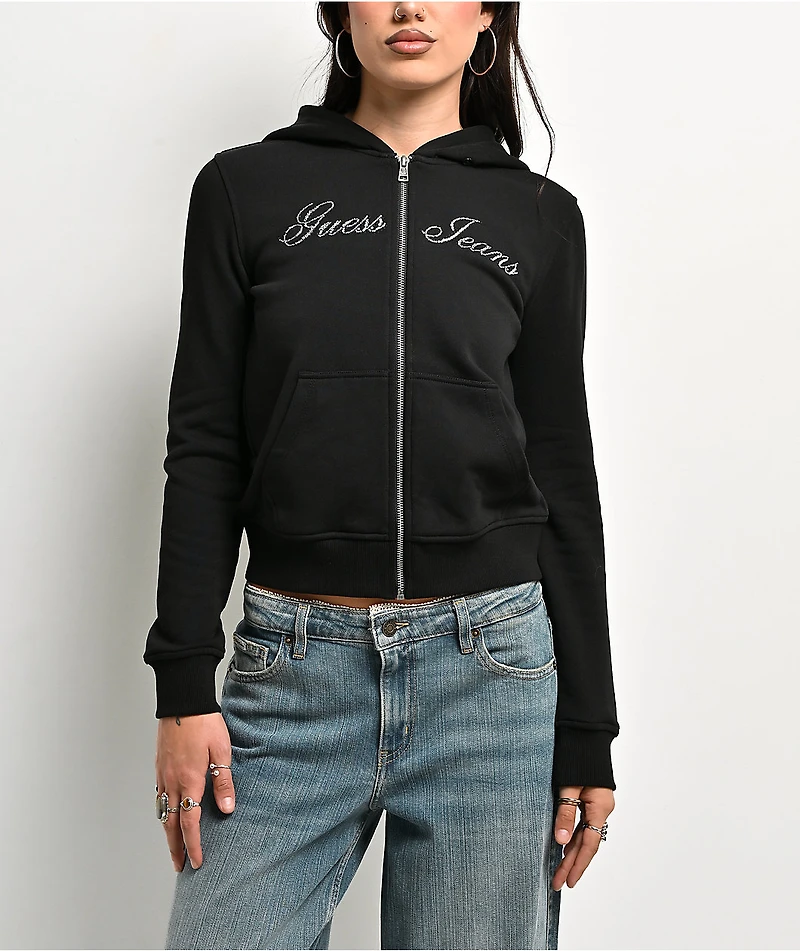 Guess Jeans Black Faux Fur Crop Zip Hoodie