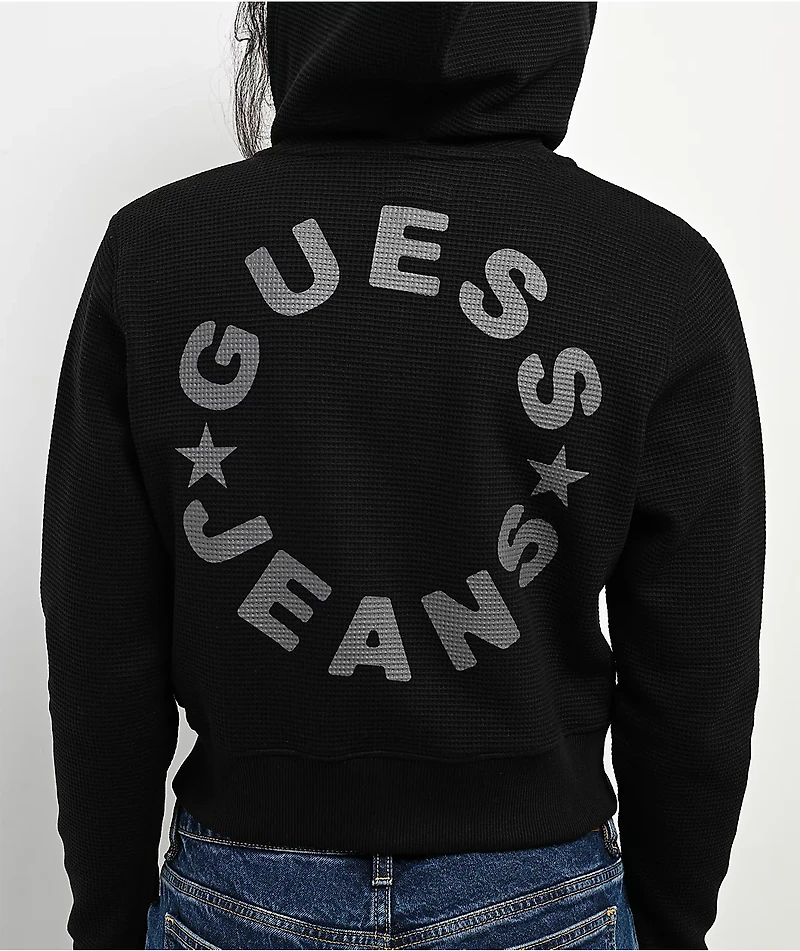 Guess Jeans Star Print Waffle Black Crop Zip Hoodie