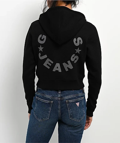 Guess Jeans Star Print Waffle Black Crop Zip Hoodie