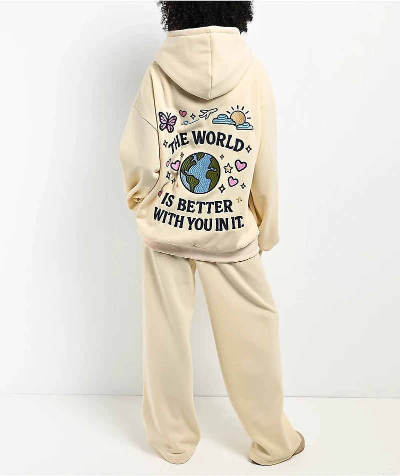 Happy Camp3r The World Is Better Cream Zip Hoodie