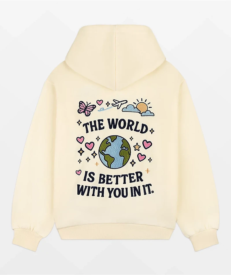 Happy Camp3r The World Is Better Cream Zip Hoodie