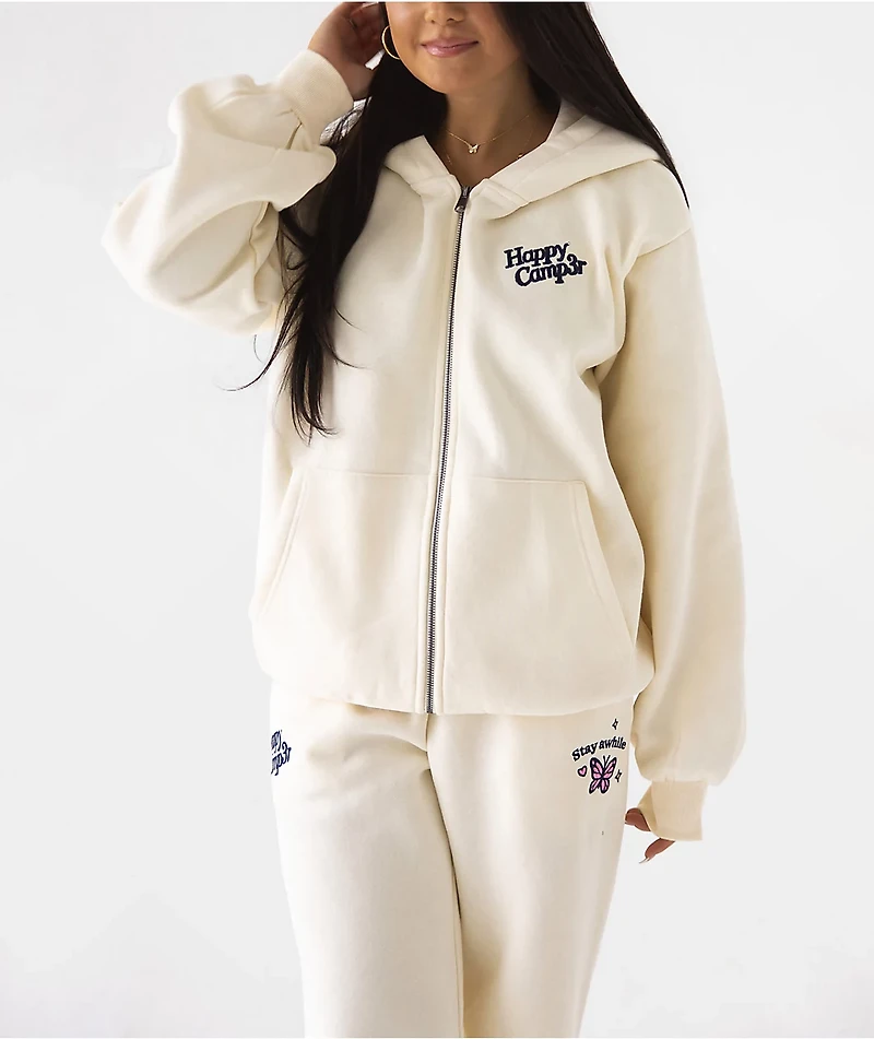 Happy Camp3r The World Is Better Cream Zip Hoodie