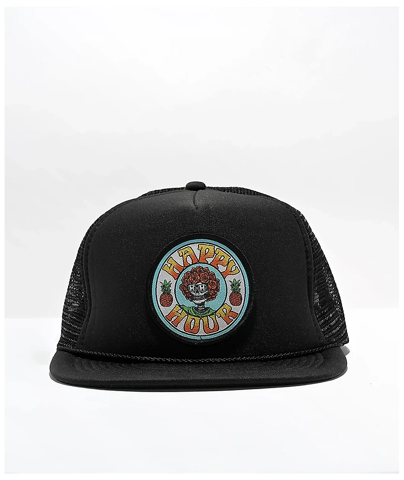 Happy Hour Skull And Roses Black Trucker Hat