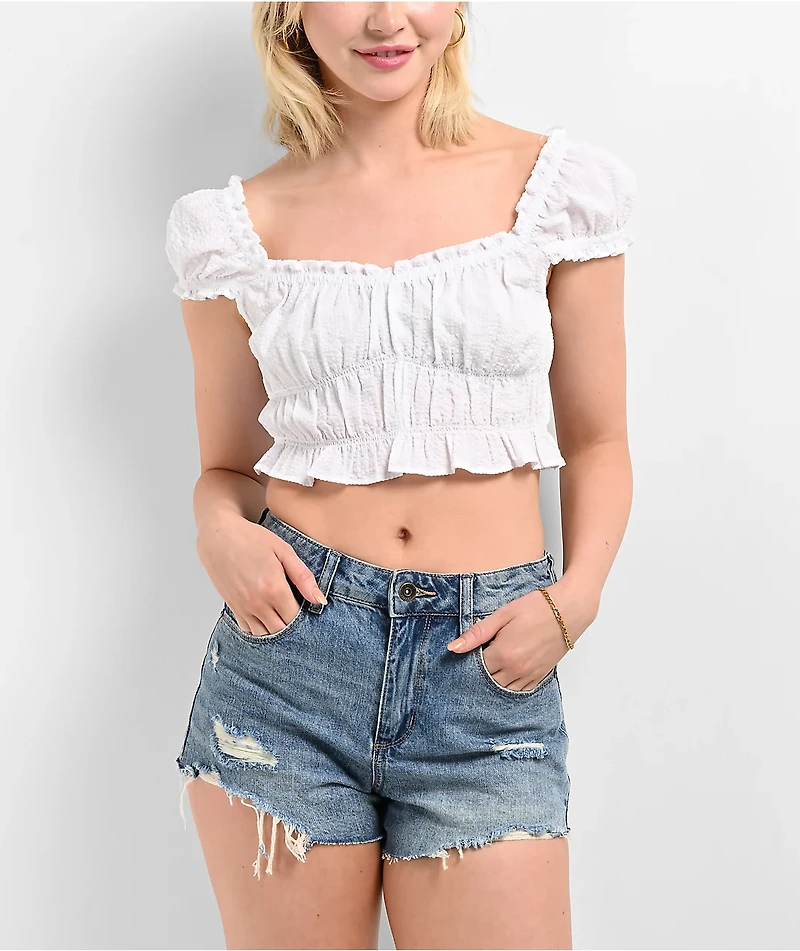 Hesperus White Woven Smocked Crop Top