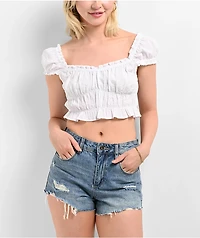 Hesperus White Woven Smocked Crop Top