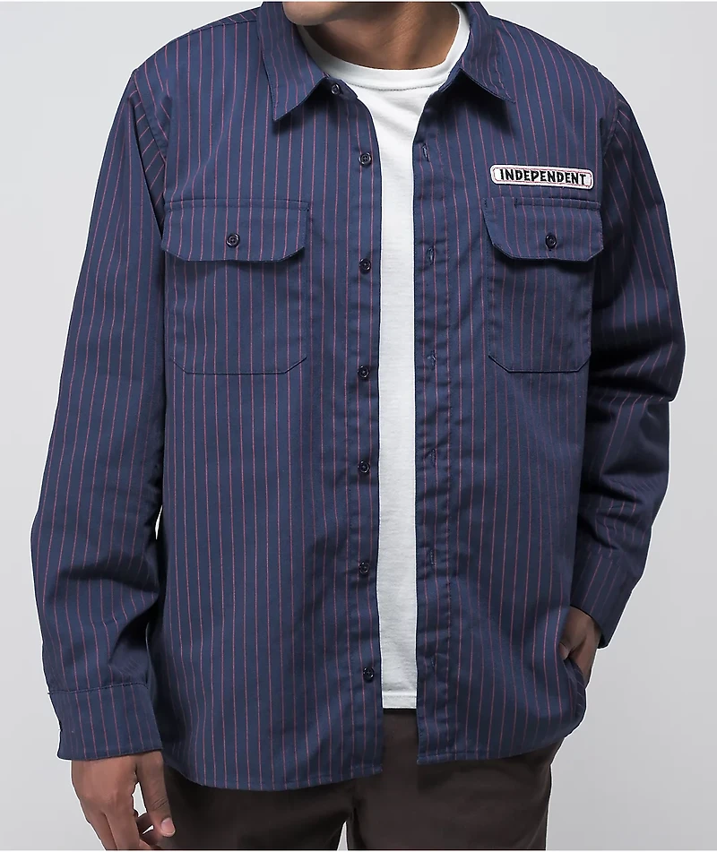 Independent Bar Logo Navy & Red Pinstripe Button Up Shirt