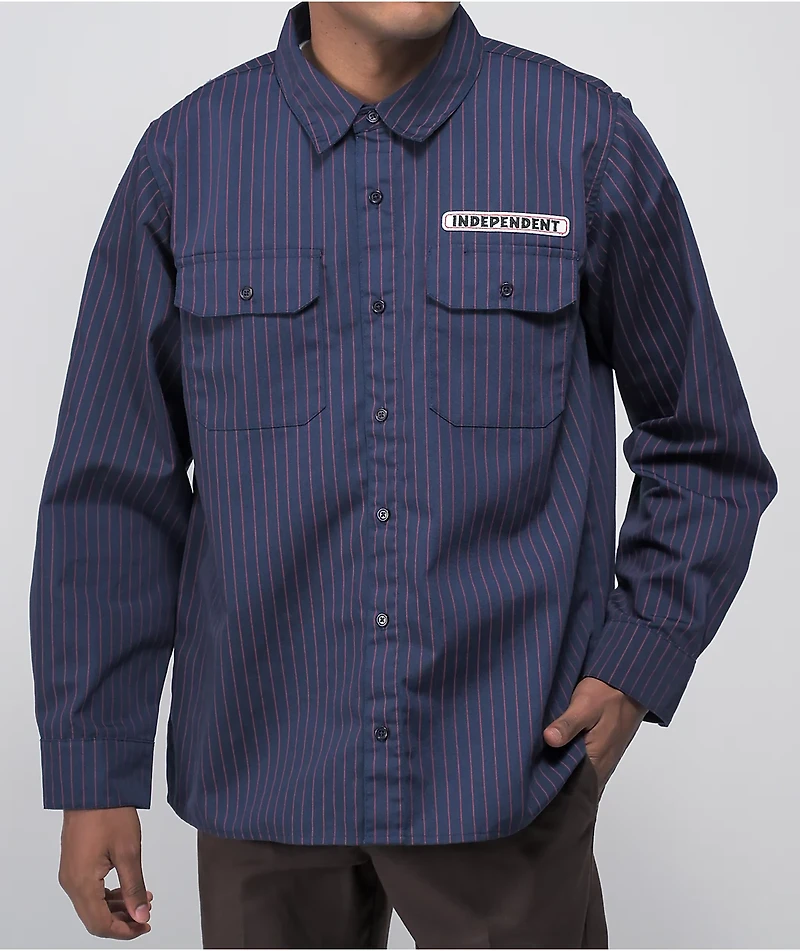 Independent Bar Logo Navy & Red Pinstripe Button Up Shirt