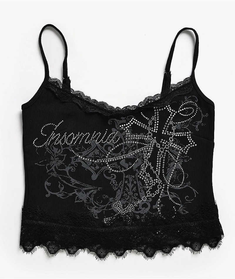 Insomnia Blessed Rhinestone Black Crop Tank Top