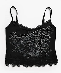 Insomnia Blessed Rhinestone Black Crop Tank Top