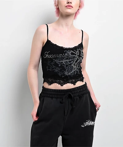 Insomnia Blessed Rhinestone Black Crop Tank Top