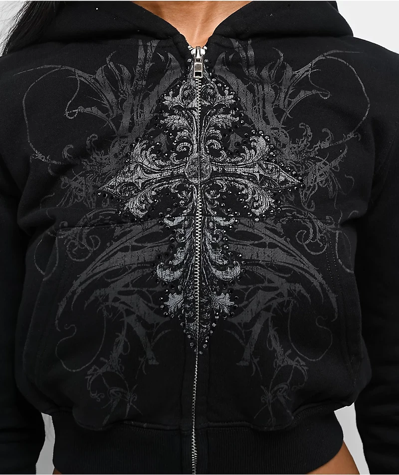 Insomnia Visuals Centerpiece Rhinestone Black Crop Zip Hoodie