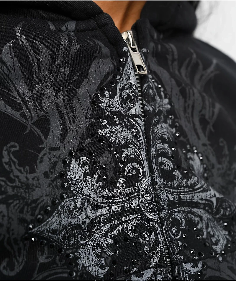 Insomnia Visuals Centerpiece Rhinestone Black Crop Zip Hoodie
