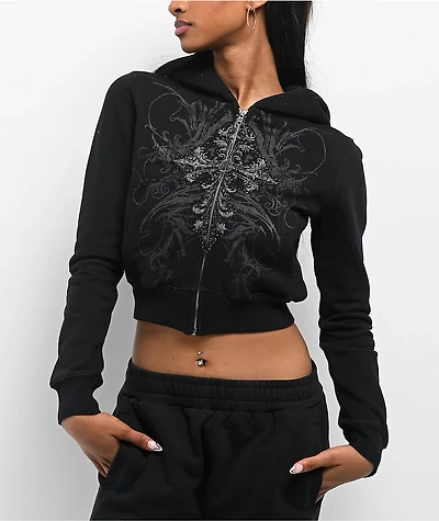 Insomnia Visuals Centerpiece Rhinestone Black Crop Zip Hoodie