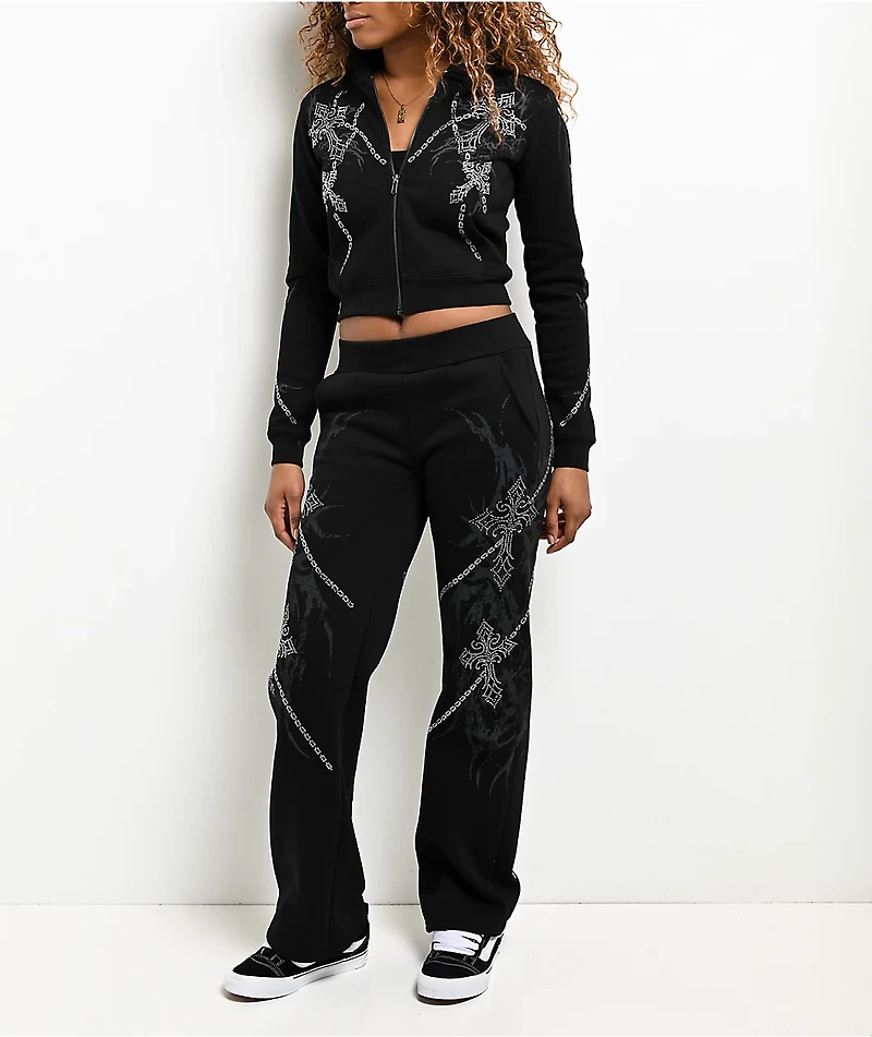 Insomnia Visuals Chains Rhinestone Black Crop Zip Hoodie
