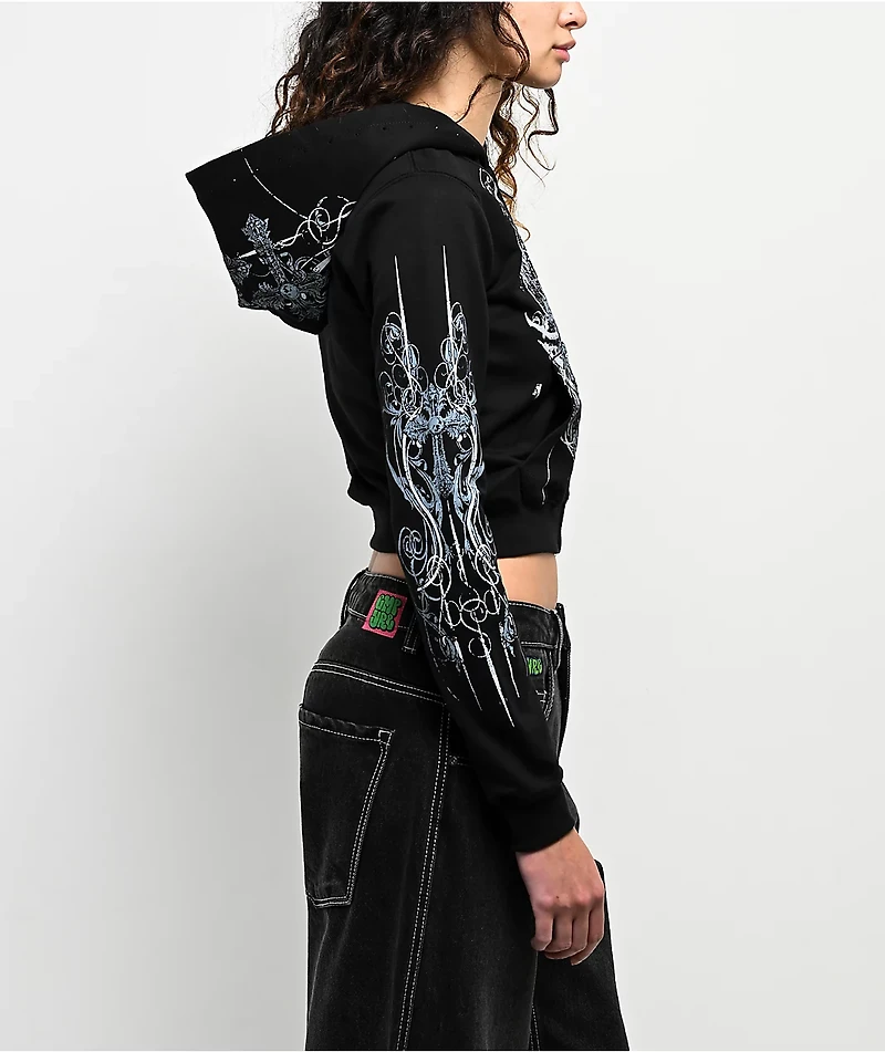 Insomnia Visuals Crucifix Rhinestone Black Crop Zip Hoodie
