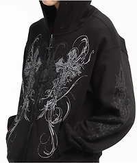 Insomnia Visuals Double Cross Rhinestone Black Zip Hoodie