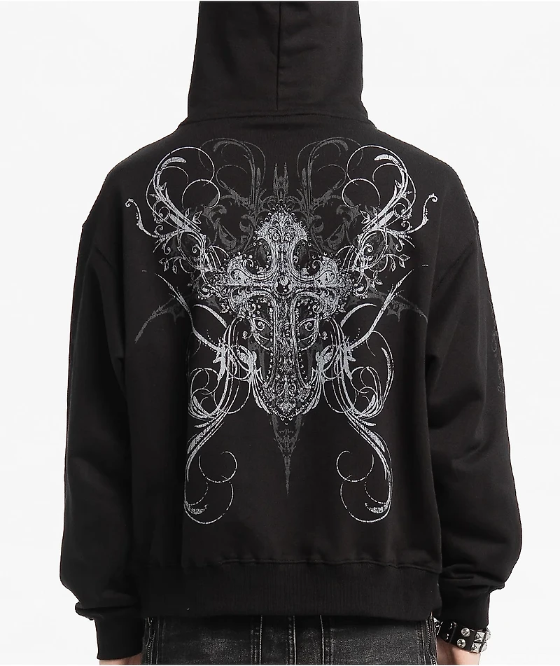 Insomnia Visuals Double Cross Rhinestone Black Zip Hoodie