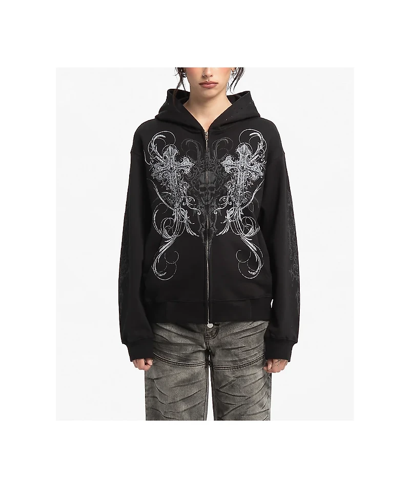 Insomnia Visuals Double Cross Rhinestone Black Zip Hoodie