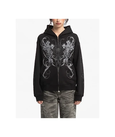 Insomnia Visuals Double Cross Rhinestone Black Zip Hoodie