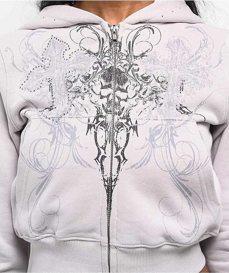 Insomnia Visuals Double Cross Rhinestone Grey Crop Zip Hoodie