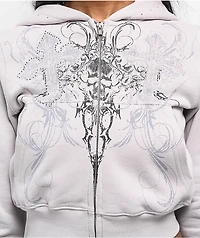 Insomnia Visuals Double Cross Rhinestone Grey Crop Zip Hoodie