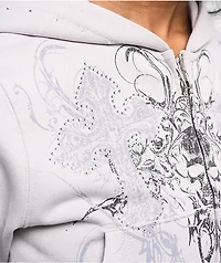 Insomnia Visuals Double Cross Rhinestone Grey Crop Zip Hoodie