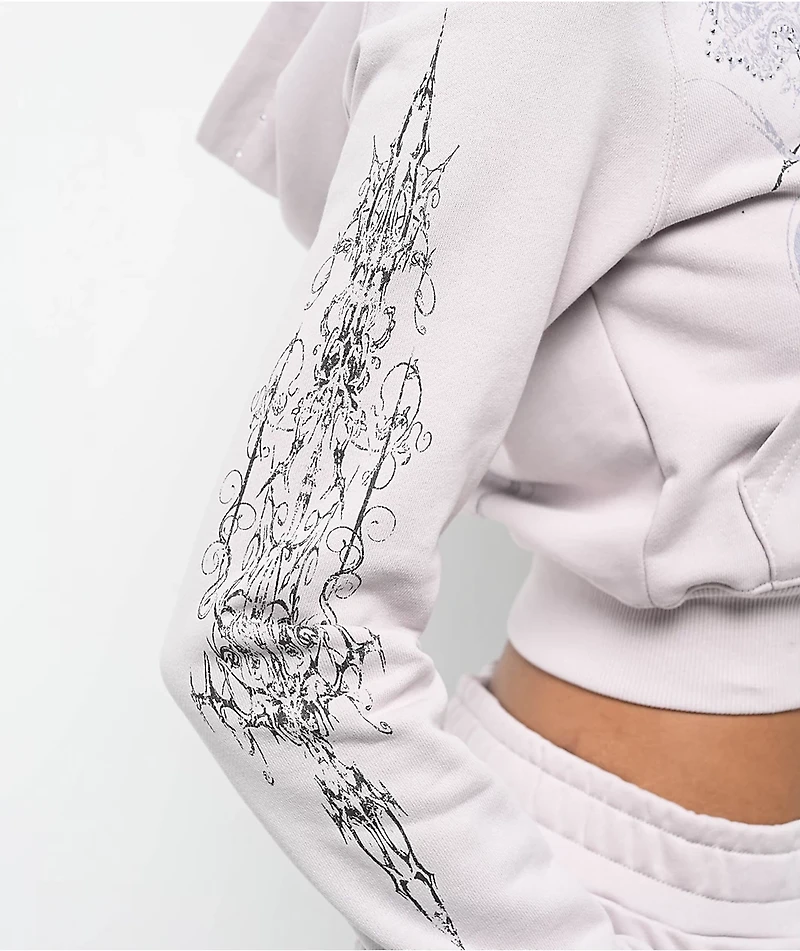 Insomnia Visuals Double Cross Rhinestone Grey Crop Zip Hoodie