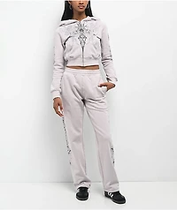 Insomnia Visuals Double Cross Rhinestone Grey Crop Zip Hoodie