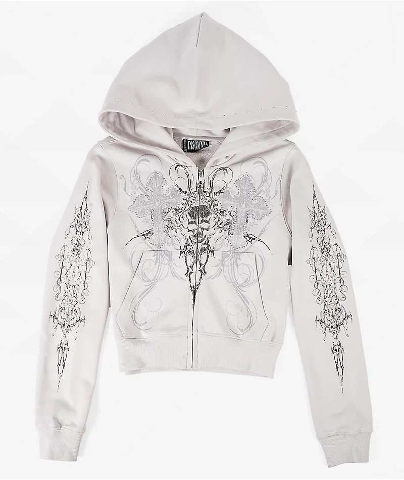 Insomnia Visuals Double Cross Rhinestone Grey Crop Zip Hoodie