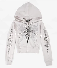 Insomnia Visuals Double Cross Rhinestone Grey Crop Zip Hoodie