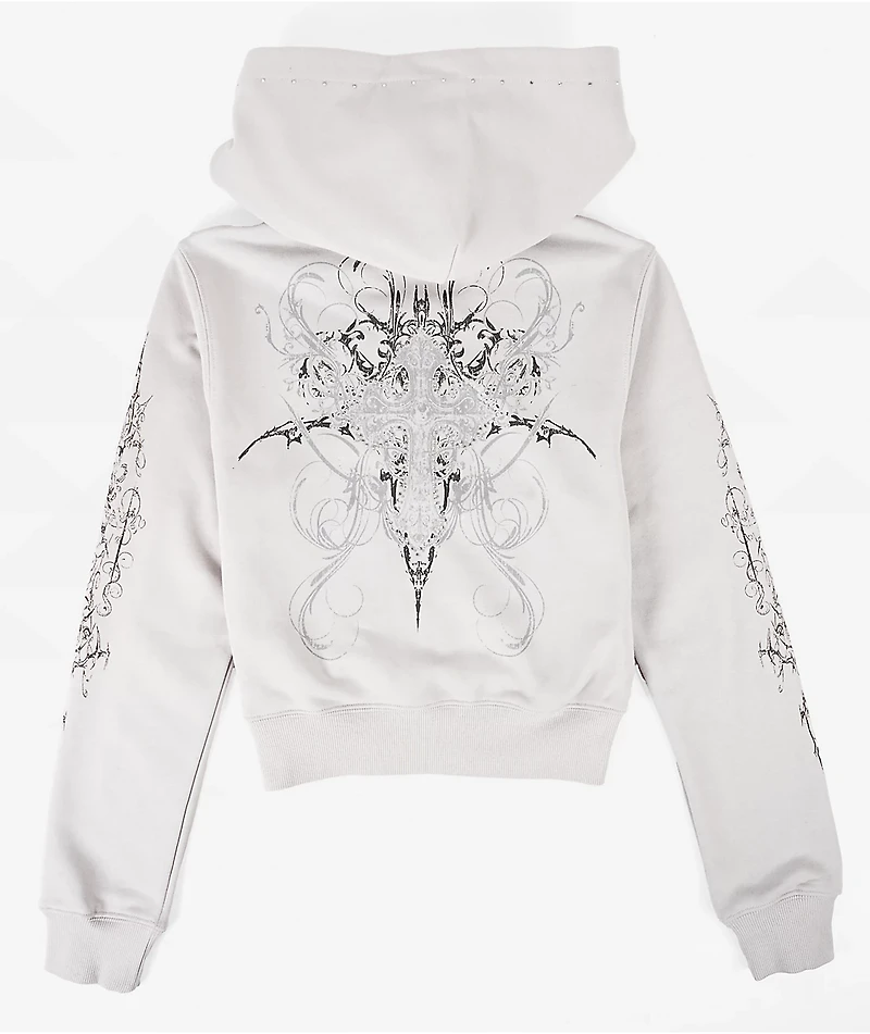Insomnia Visuals Double Cross Rhinestone Grey Crop Zip Hoodie