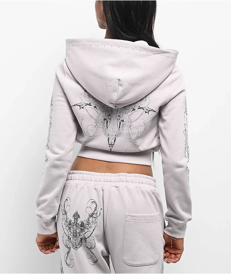Insomnia Visuals Double Cross Rhinestone Grey Crop Zip Hoodie