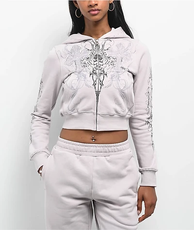 Insomnia Visuals Double Cross Rhinestone Grey Crop Zip Hoodie