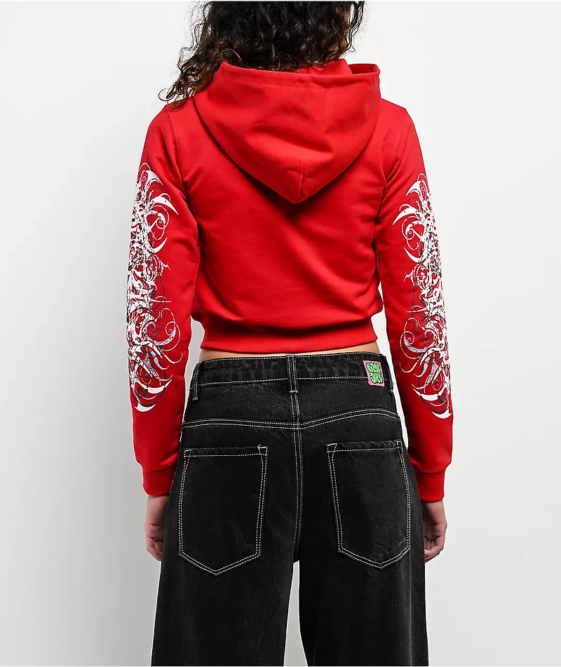 Insomnia Visuals Eclipse Rhinestone Red Crop Zip Hoodie