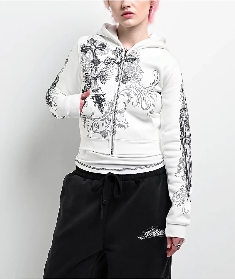 Insomnia Visuals Elegance White Crop Zip Hoodie