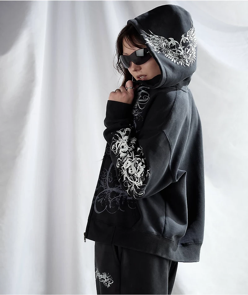 Insomnia Visuals Eternal Rhinestone Black Wash Zip Hoodie