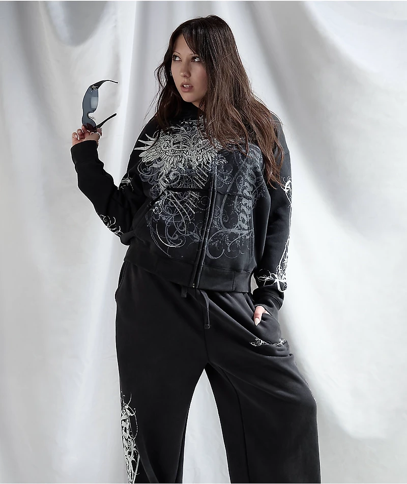 Insomnia Visuals Eternal Rhinestone Black Wash Zip Hoodie