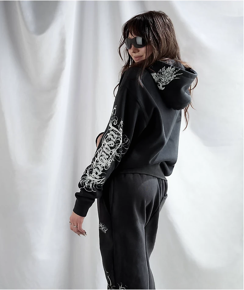 Insomnia Visuals Eternal Rhinestone Black Wash Zip Hoodie