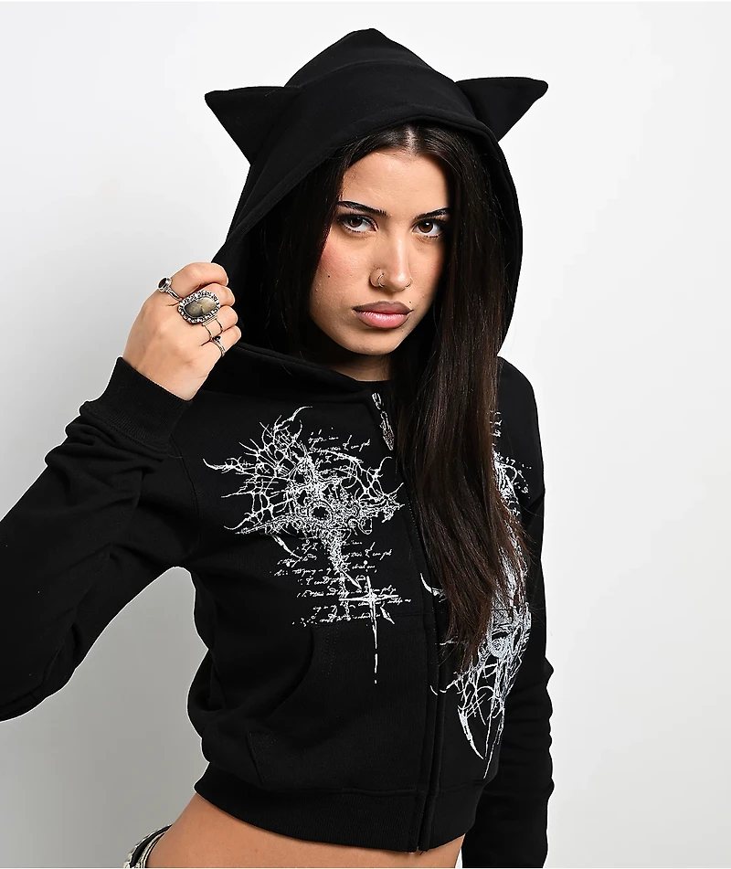 Insomnia Visuals Kitty Sigilism Black Crop Zip Hoodie