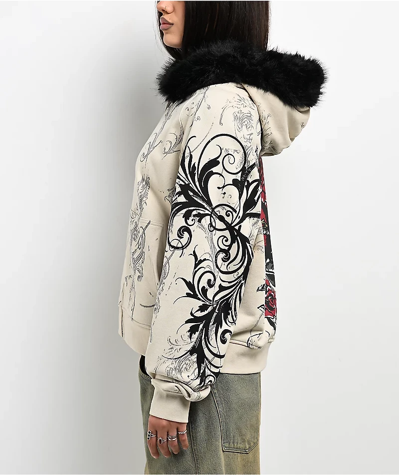 Insomnia Visuals Royal Heart Faux Fur Cream Zip Hoodie