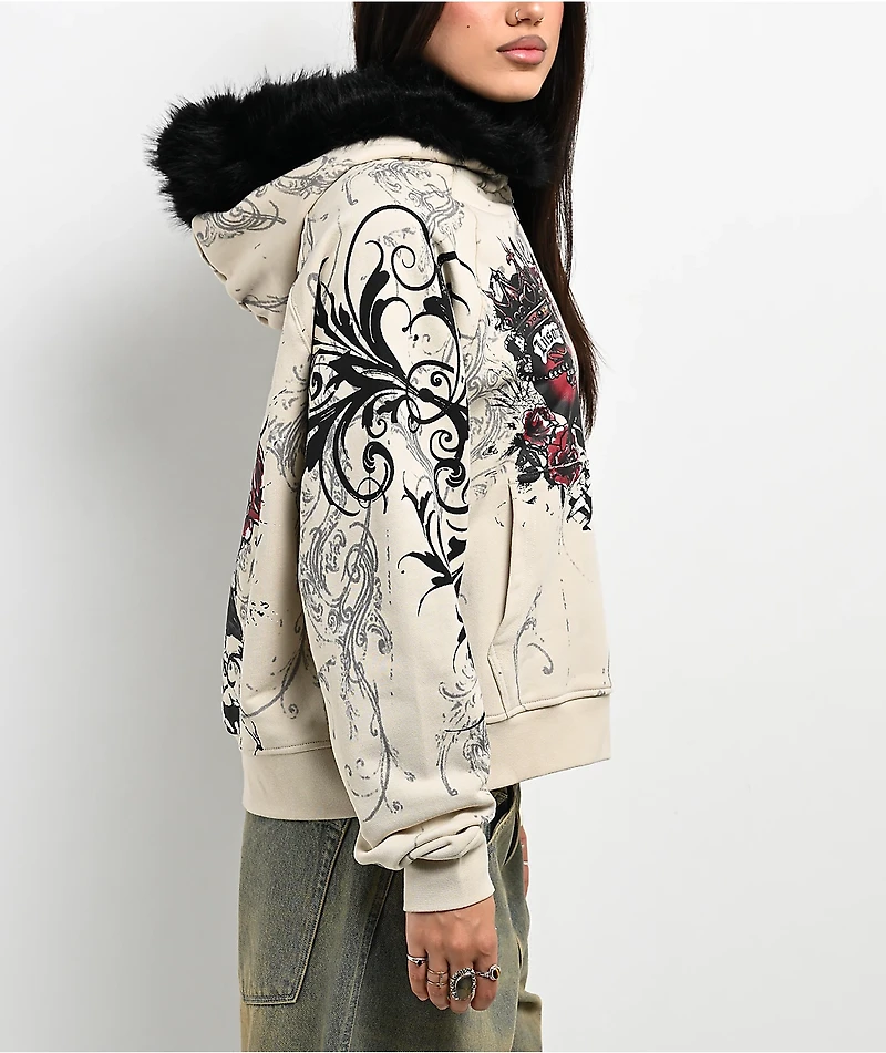 Insomnia Visuals Royal Heart Faux Fur Cream Zip Hoodie