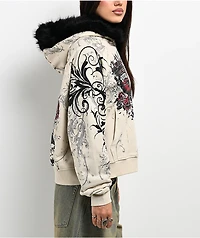 Insomnia Visuals Royal Heart Faux Fur Cream Zip Hoodie