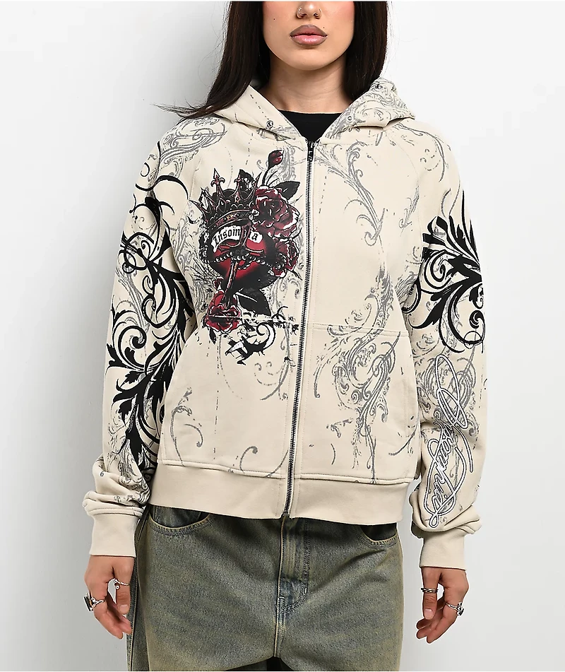 Insomnia Visuals Royal Heart Faux Fur Cream Zip Hoodie