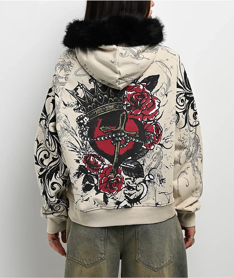 Insomnia Visuals Royal Heart Faux Fur Cream Zip Hoodie