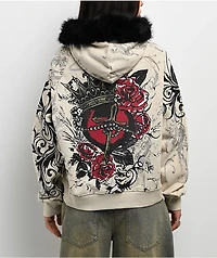 Insomnia Visuals Royal Heart Faux Fur Cream Zip Hoodie