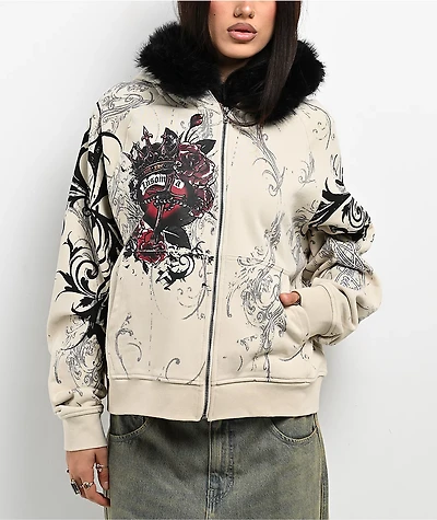 Insomnia Visuals Royal Heart Faux Fur Cream Zip Hoodie